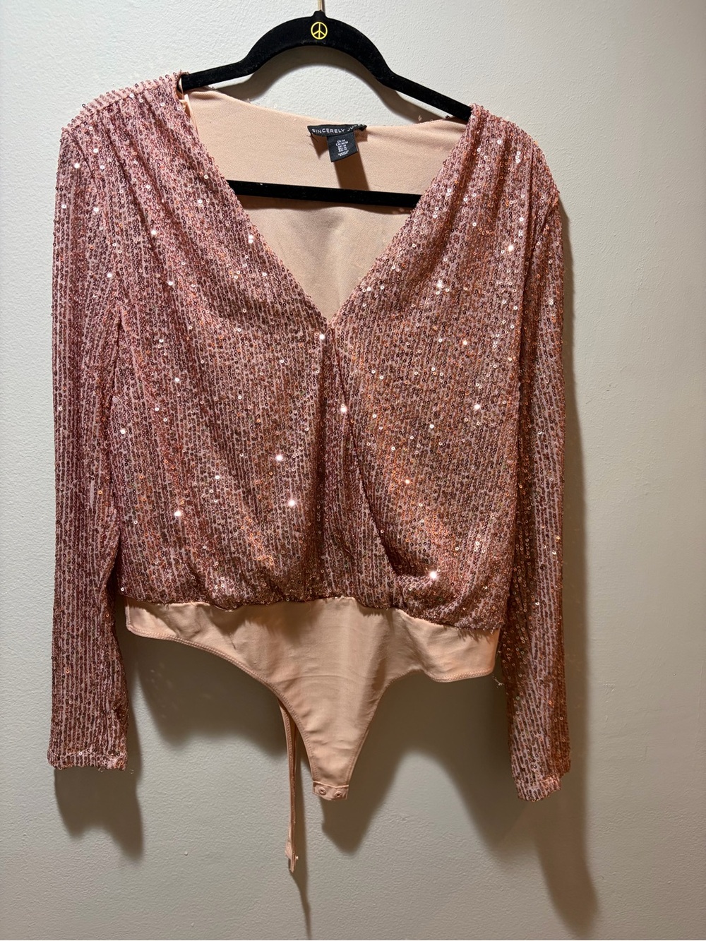 Sincerely Jules Rose Gold Sequin V-Neck Long Sleeve Bodysuit